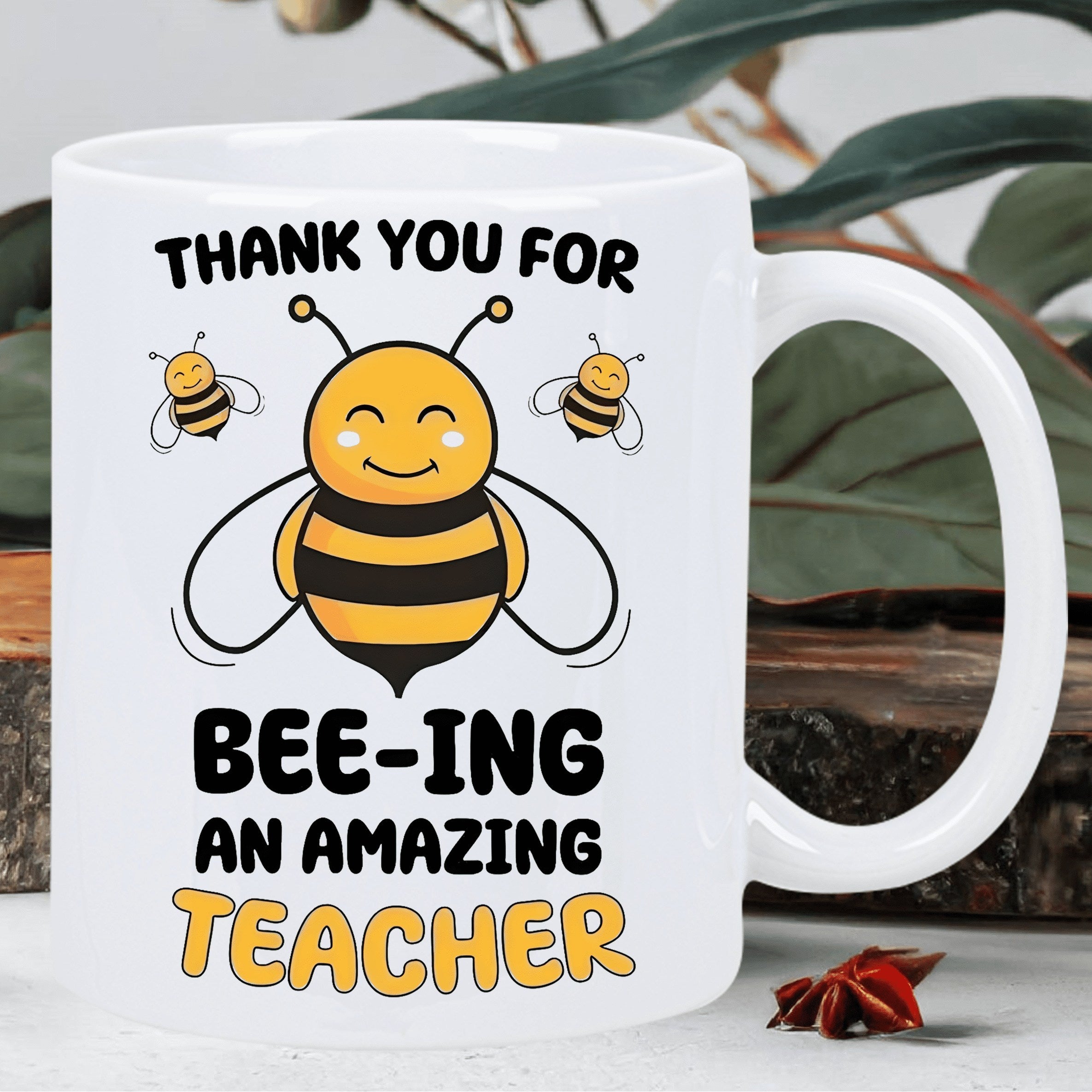 Tailorly White Ceramic 11 oz Mug - Thank You For Bee-ing An Amazing Teacher Happy Smiling Yellow Striped Insects With Tiny Wings Flying Cute Bee