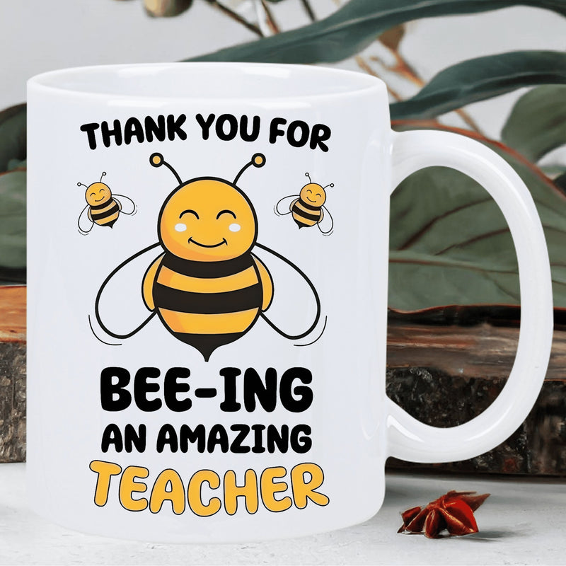 Tailorly White Ceramic 11 oz Mug - Thank You For Bee-ing An Amazing Teacher Happy Smiling Yellow Striped Insects With Tiny Wings Flying Cute Bee
