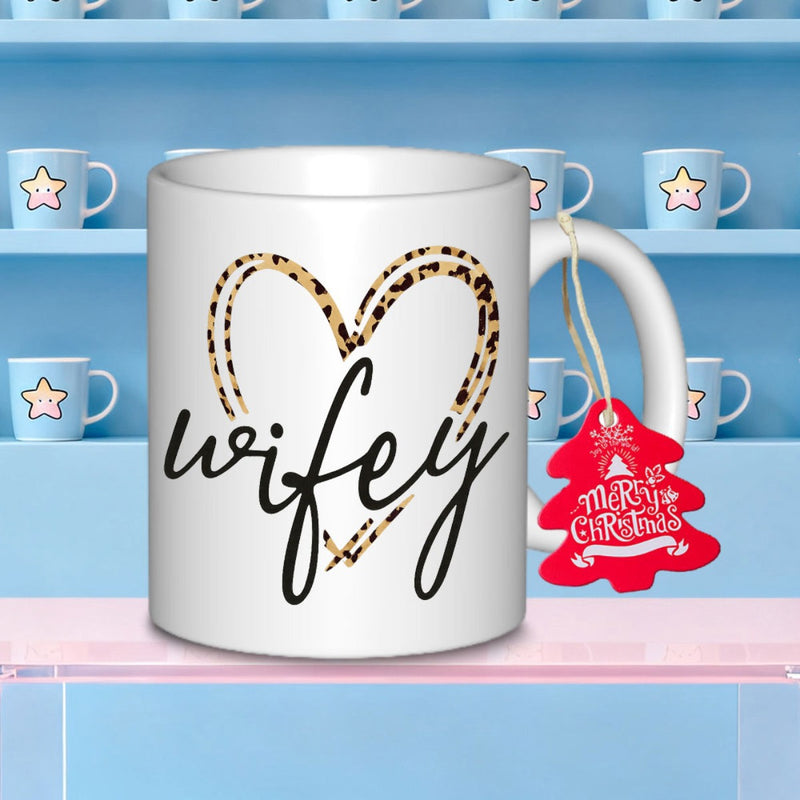Tailorly White Ceramic 11 oz Mug - Wifey Leopard Print Pattern Styling Combined With Elegant Cursive Script Heart