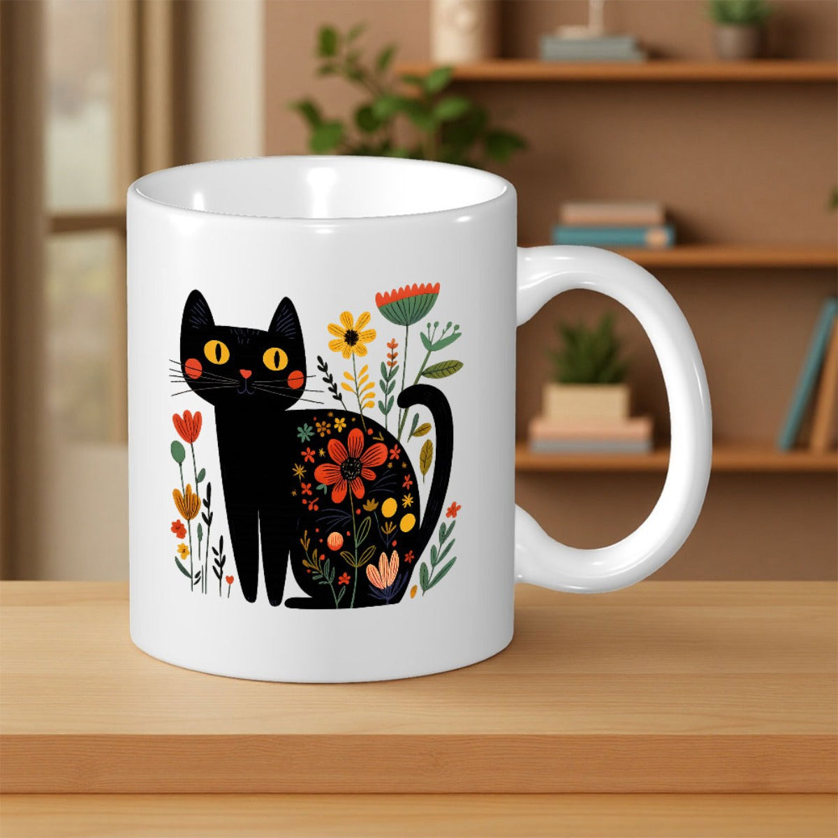 Tailorly White Ceramic 11 oz Mug - Folk Art Inspired Black Cat Sitting Amidst Colorful Wild Flowers And Plants Cat