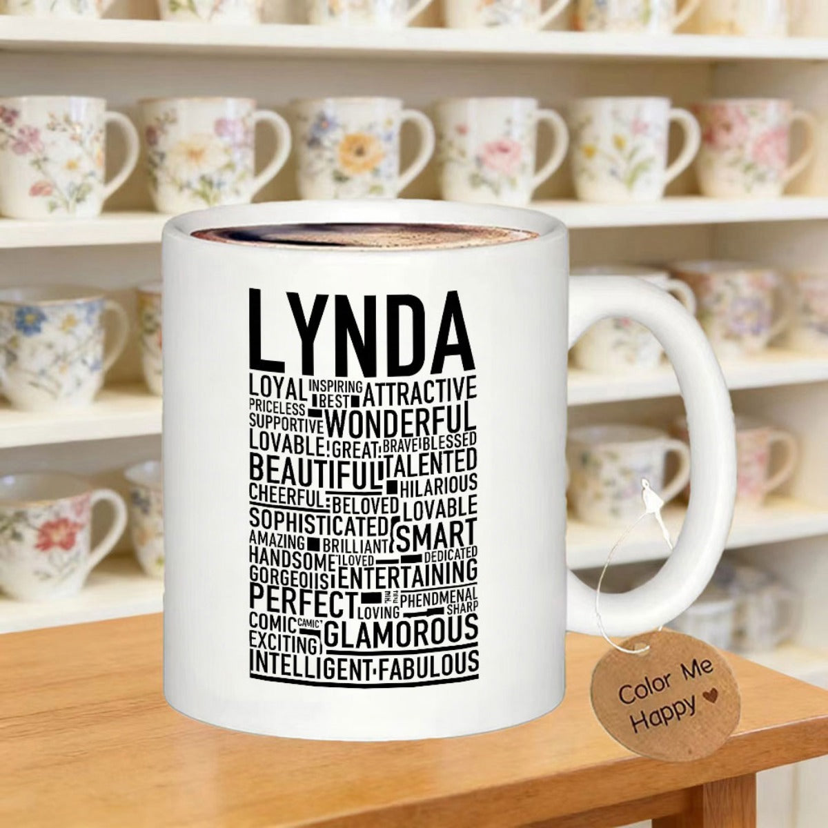 Tailorly White Ceramic 11 oz Mug - Lynda Positive Adjective Typography Collection Arranged In A Stylish Modern