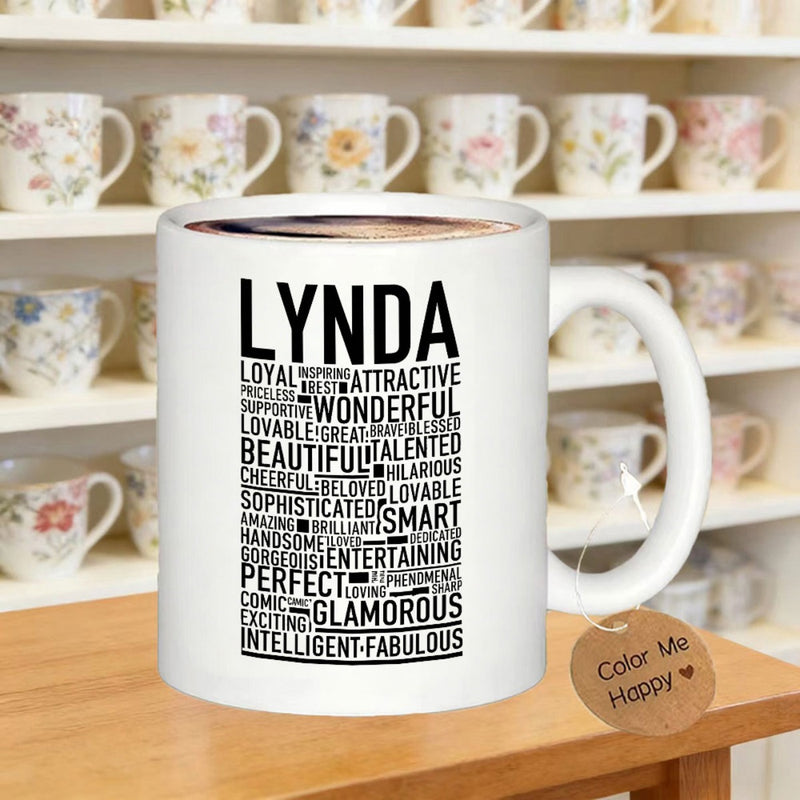 Tailorly White Ceramic 11 oz Mug - Lynda Positive Adjective Typography Collection Arranged In A Stylish Modern