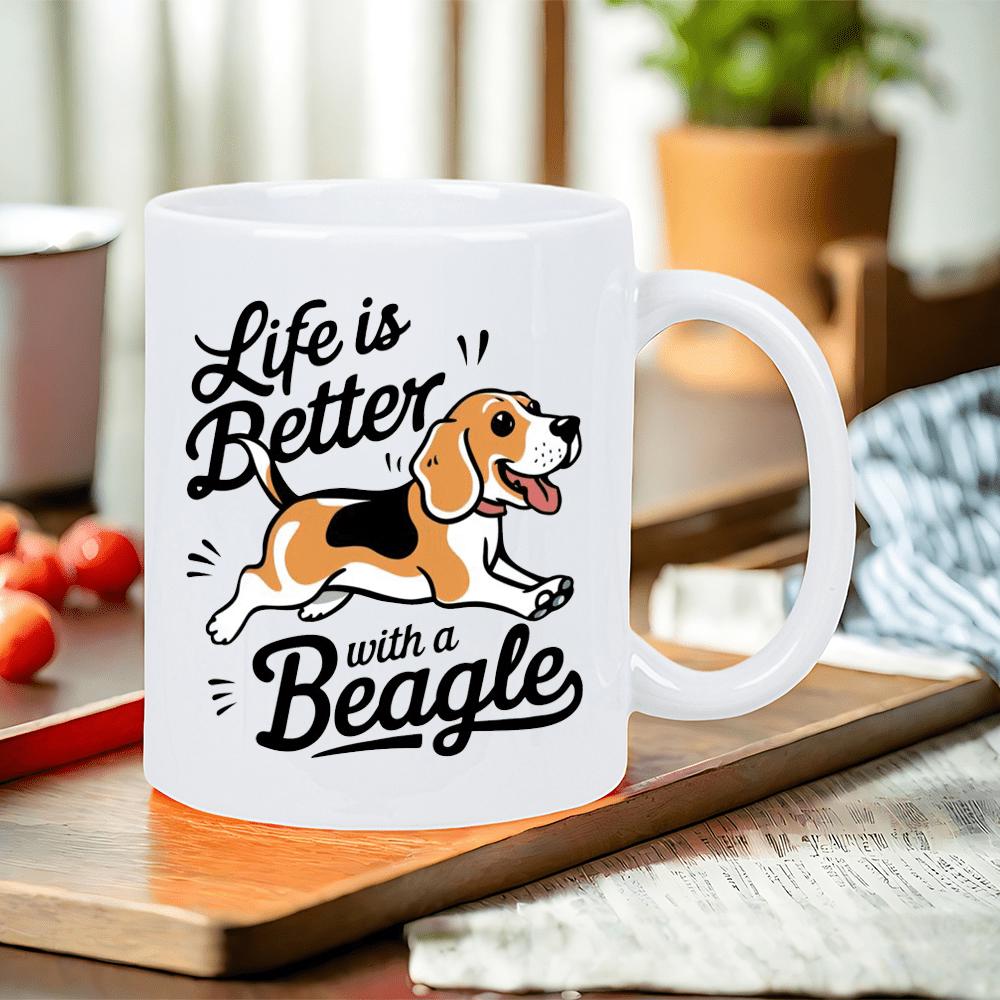Tailorly White Ceramic 11 oz Mug - Life Is Better With A Beagle Playful Tri Color Dog Running Joyfully With A Happy Expression Beagle