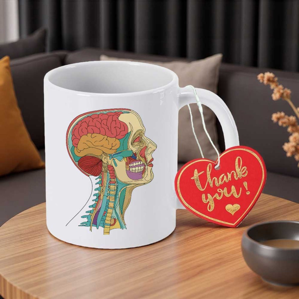 Tailorly White Ceramic 11 oz Mug - Thank You Colorful Detailed Anatomical Illustration Of Human Brain Structure Within Profile Head