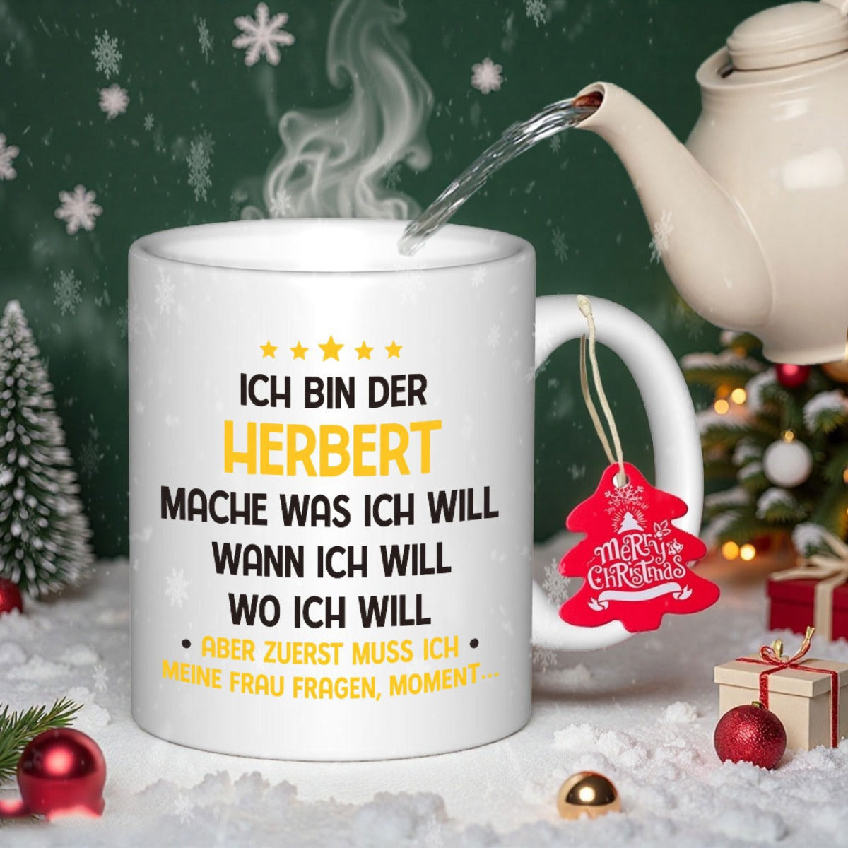 Tailorly White Ceramic 11 oz Mug - Merry Christmas Festive Holiday Scene With Steam Rising Above