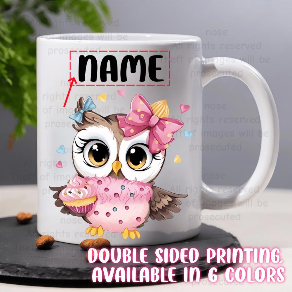 Tailorly White Ceramic 11 oz Mug - Name Adorable Pink Bow Holding A Sweet Decorated Cupcake With Floating Hearts Owl