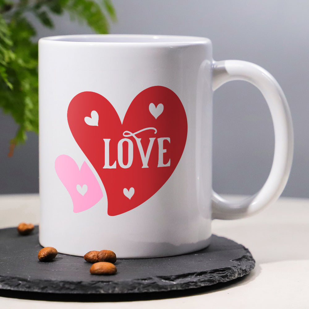 Tailorly White Ceramic 11 oz Mug - Love Vibrant Red And Pink Overlapping Hearts With Delicate White Decorative Patterns Heart
