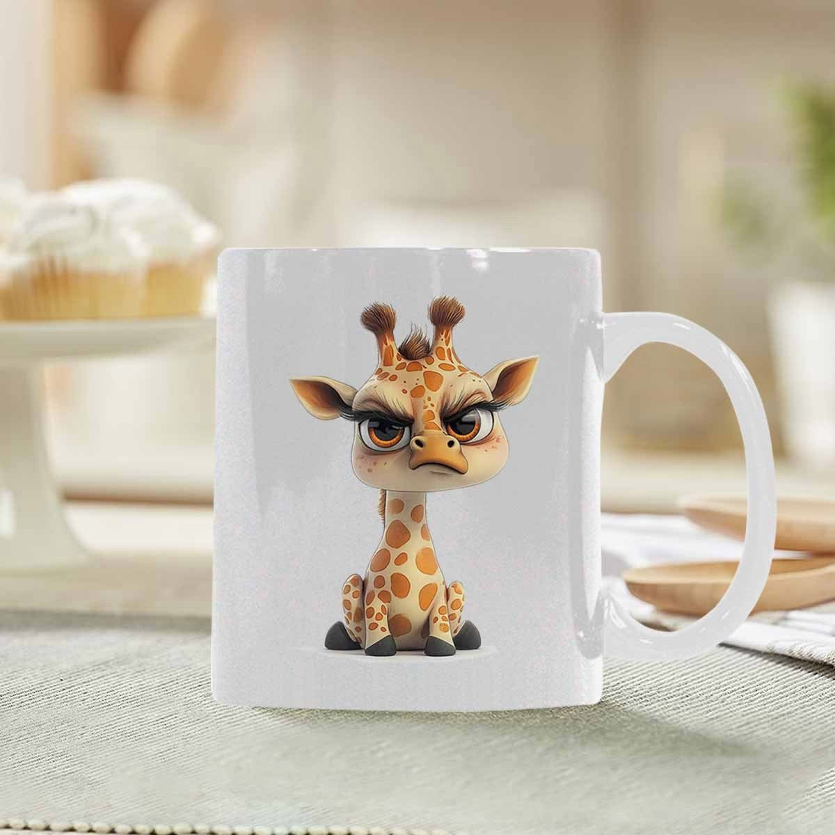 Tailorly White Ceramic 11 oz Mug - Adorable Baby Giraffe With Large Expressive Eyes And Grumpy Facial Expression Giraffe