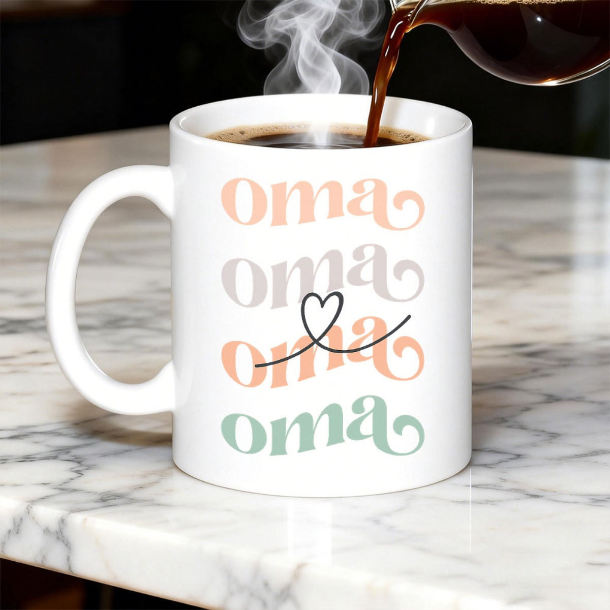 Tailorly White Ceramic 11 oz Mug - Oma Minimalist Heart Graphic With Retro Colorful Repeating Text On Ceramic Mug