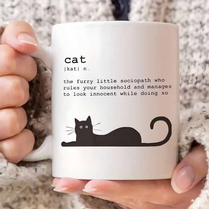 Tailorly White Ceramic 11 oz Mug - Cat The Furry Little Sociopath Who Rules Your Household And Manages To Look Innocent While Doing So Sleek Minimalist Black