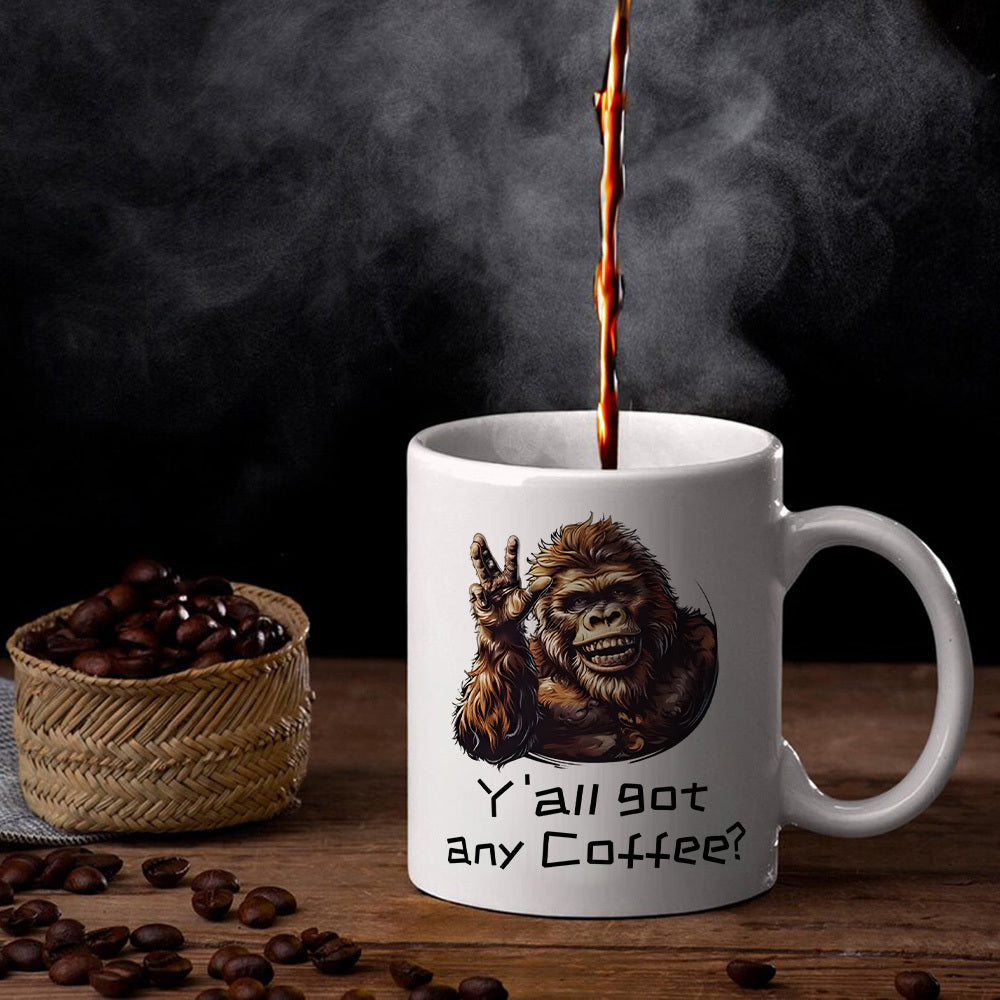 Tailorly White Ceramic 11 oz Mug - Yall Got Any Coffee Funny Smiling Brown Primate Giving Peace Sign Amidst Steam Character Gorilla