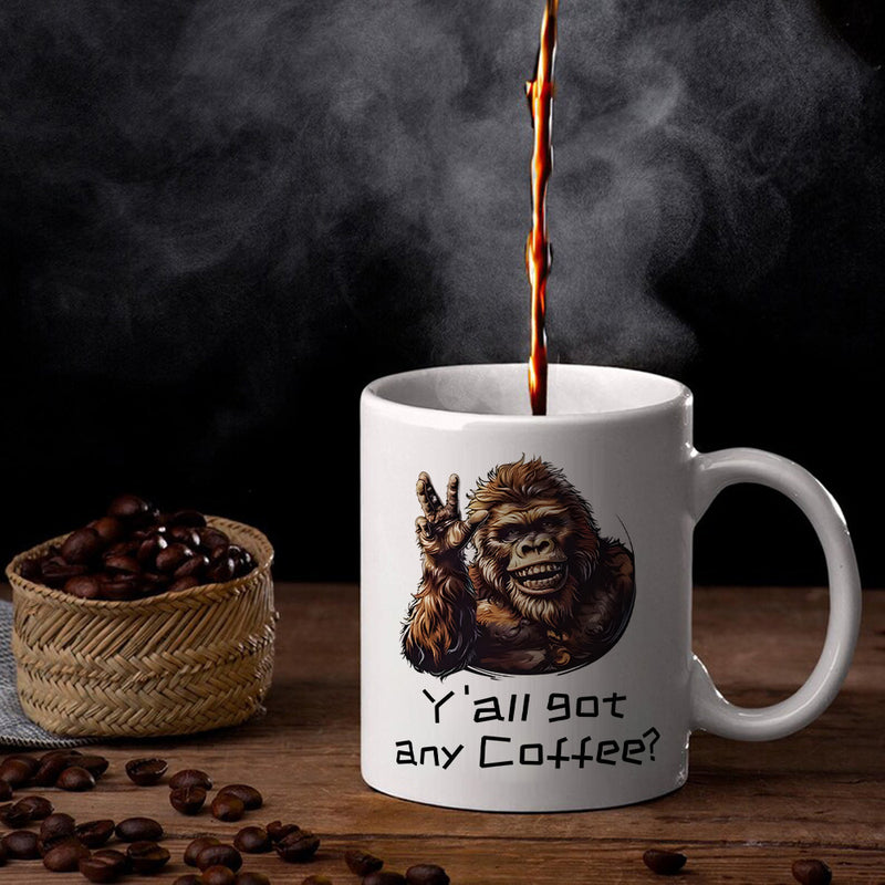 Tailorly White Ceramic 11 oz Mug - Yall Got Any Coffee Funny Smiling Brown Primate Giving Peace Sign Amidst Steam Character Gorilla