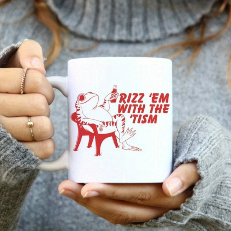 Tailorly White Ceramic 11 oz Mug - Rizz Em With The Tism Relaxing Red Line Art Character Sitting On Chair Holding Bottle Frog
