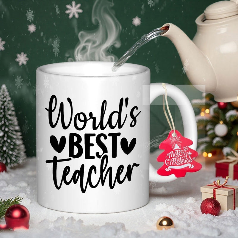 Tailorly White Ceramic 11 oz Mug - Worlds Best Teacher Elegant Black Script Among Festive Christmas Tree And Snowflakes Mug
