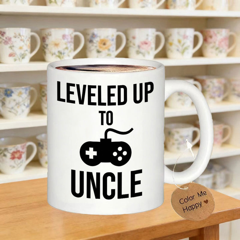 Tailorly White Ceramic 11 oz Mug - Leveled Up To Uncle Minimalist Black Video Game Console Remote With Circular Buttons Controller