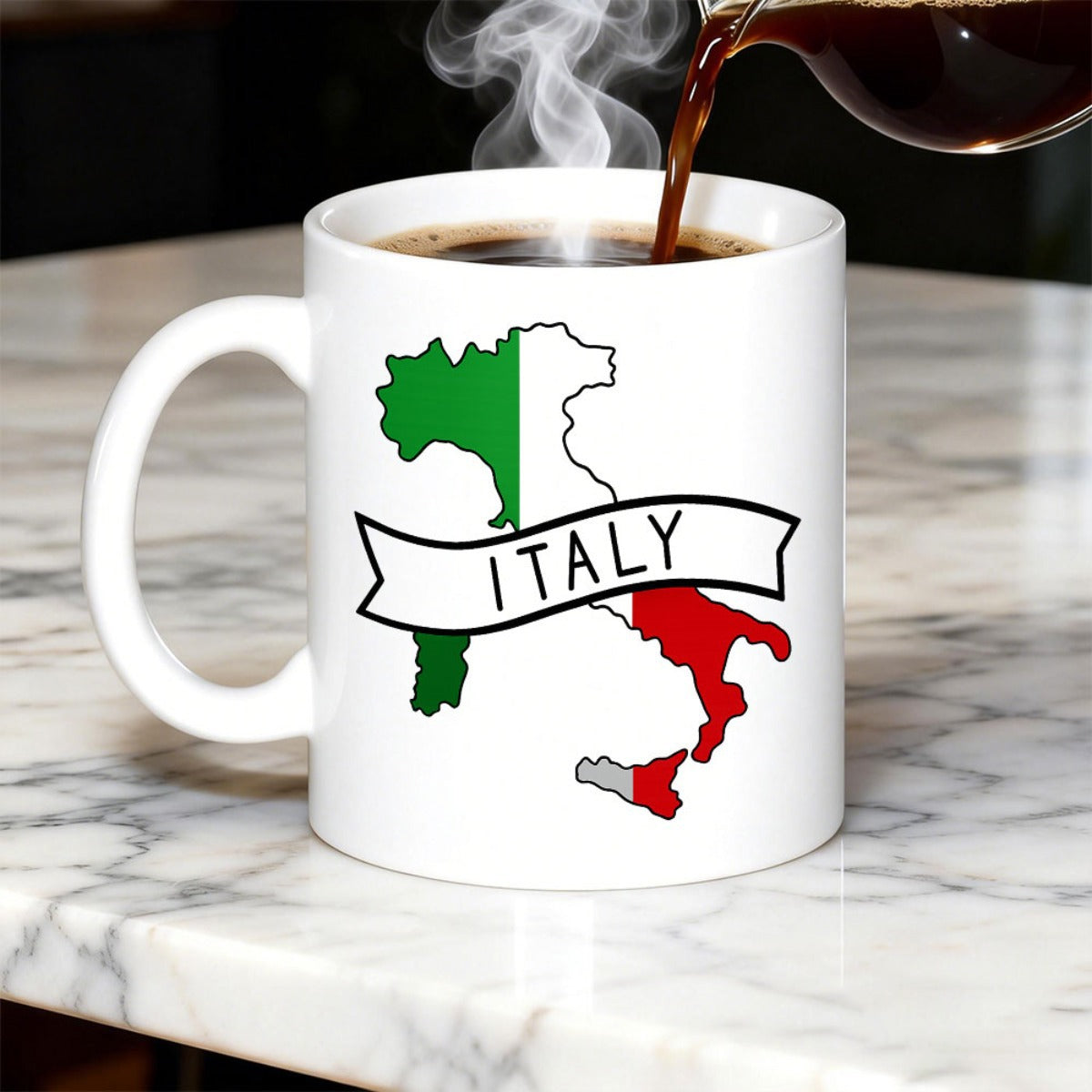 Tailorly White Ceramic 11 oz Mug - Italy Colorful National Flag Colors Displayed Across Artistic Geographical Country Outline Map