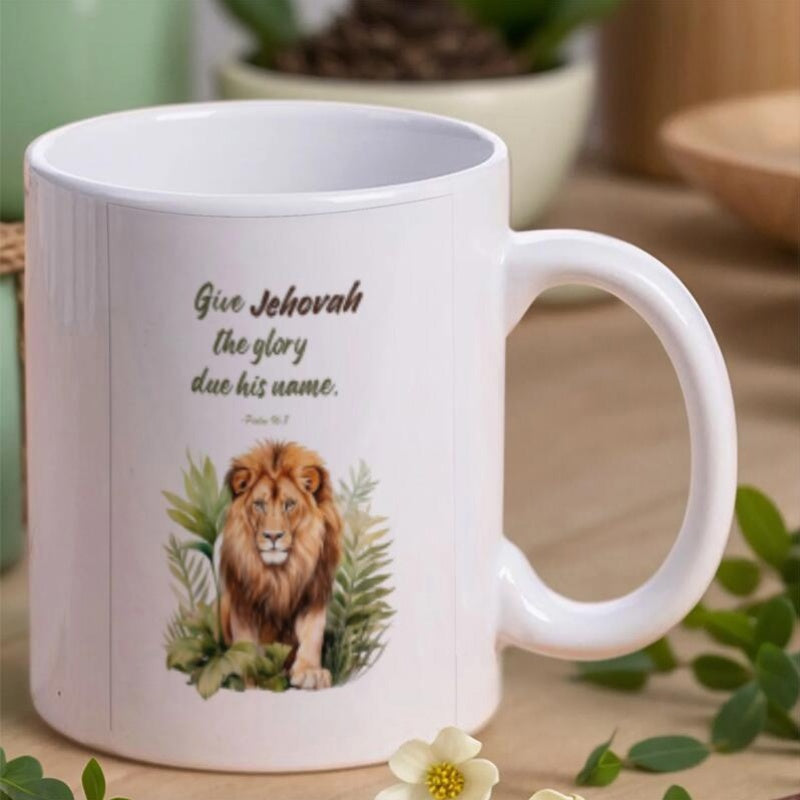 Tailorly White Ceramic 11 oz Mug - Give Jehovah The Glory Due His Name Majestic Wild Animal Standing Within Lush Green Tropical Foliage And Jungle Leaves Lion