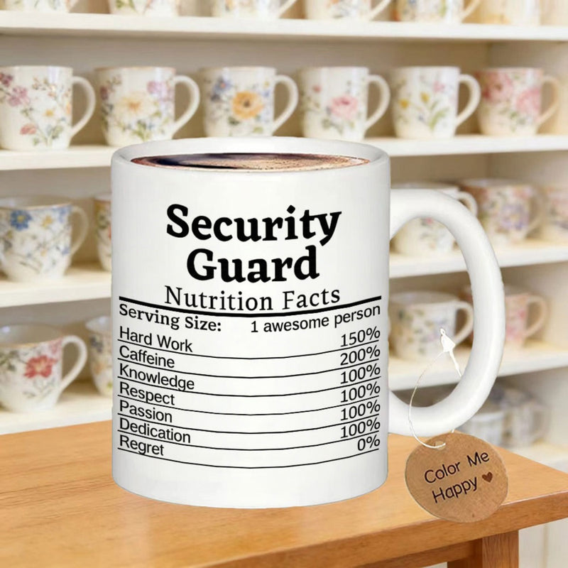 Tailorly White Ceramic 11 oz Mug - Security Guard Nutrition Facts Minimalist White Ceramic Featuring Bold Black Printed Table Layout Mug