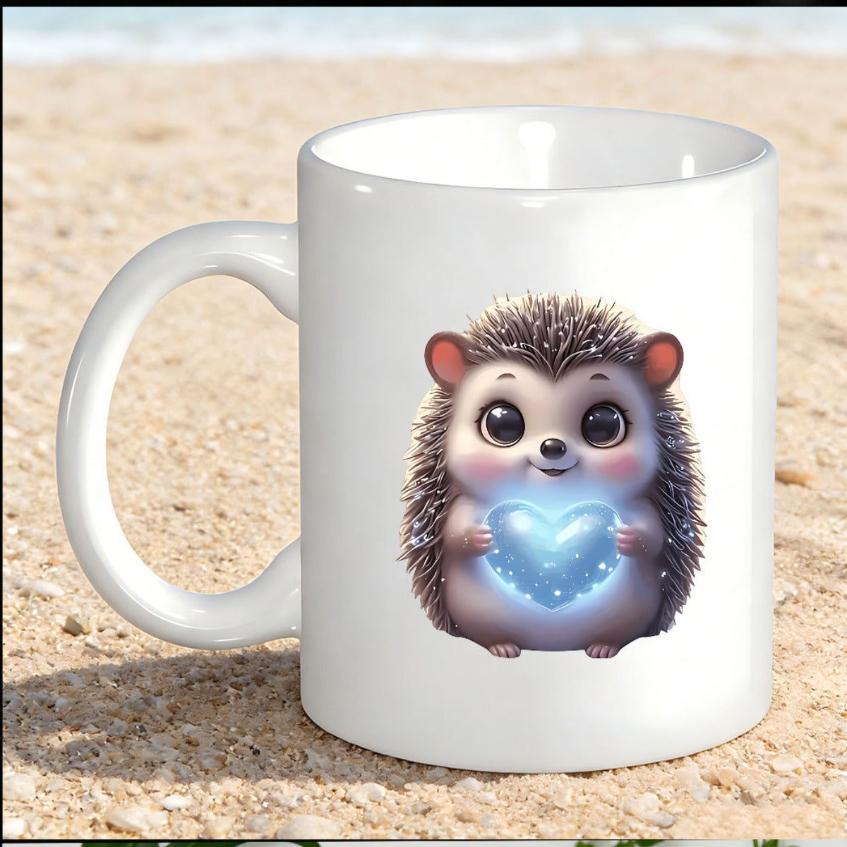 Tailorly White Ceramic 11 oz Mug - Adorable Stylized Creature Holding A Glowing Blue Sparkling Light Heart Hedgehog
