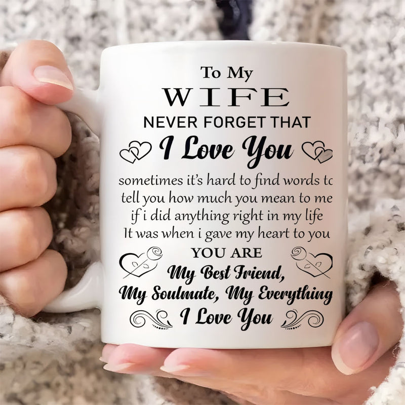 Tailorly White Ceramic 11 oz Mug - To My Wife Never Forget That I Love You Minimalist Black Decorative Hearts And Small Roses Featuring Elegant Swirls Mug