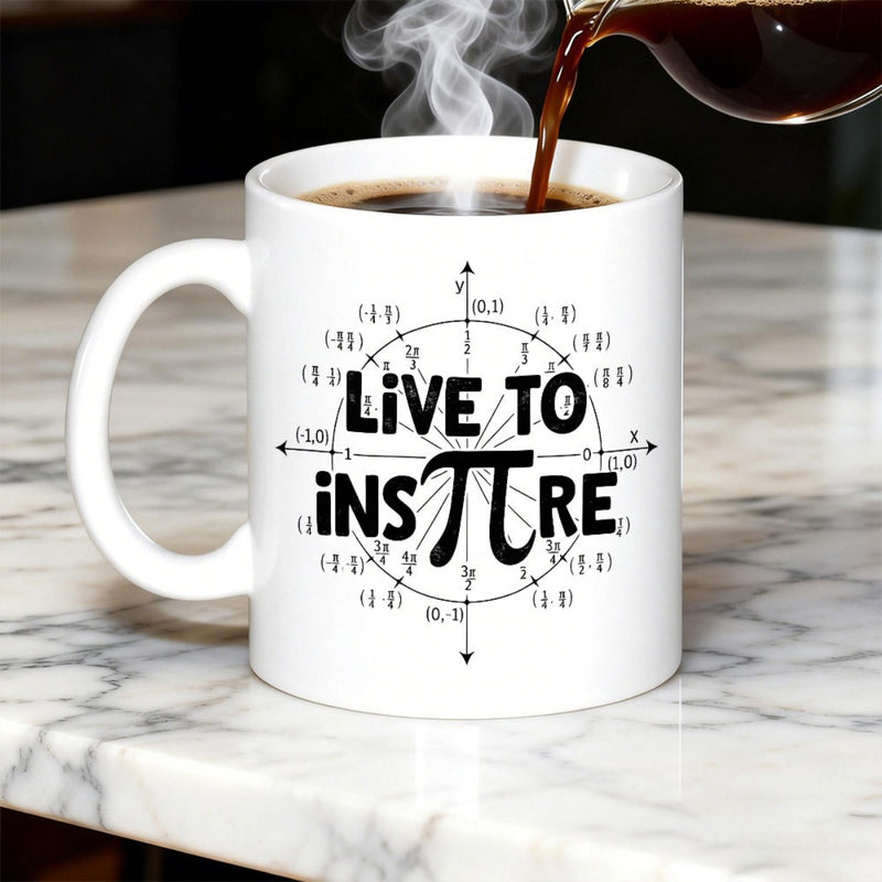 Tailorly White Ceramic 11 oz Mug - Live To Inspire Mathematical Unit Circle Graph With Coordinates And Degrees Under Bold Letters Circle