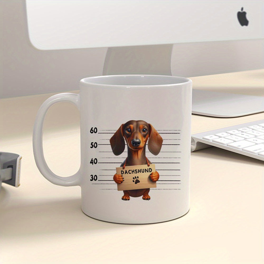 Tailorly White Ceramic 11 oz Mug - Dachshund Cute Brown Puppy Holding Prisoner Sign Standing Against Height Chart Lines Dachshund