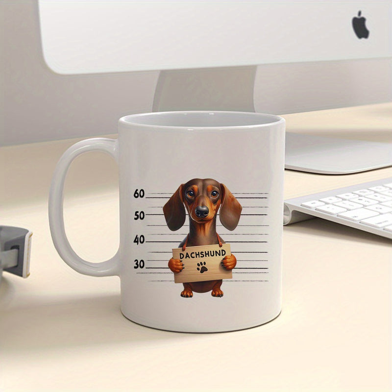Tailorly White Ceramic 11 oz Mug - Dachshund Cute Brown Puppy Holding Prisoner Sign Standing Against Height Chart Lines Dachshund
