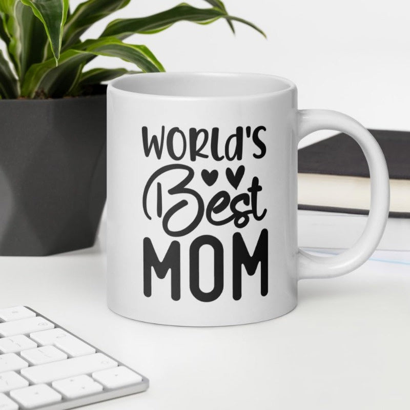 Tailorly White Ceramic 11 oz Mug - Worlds Best Mom Elegant Script With Two Tiny Hearts And Bold Block Lettering