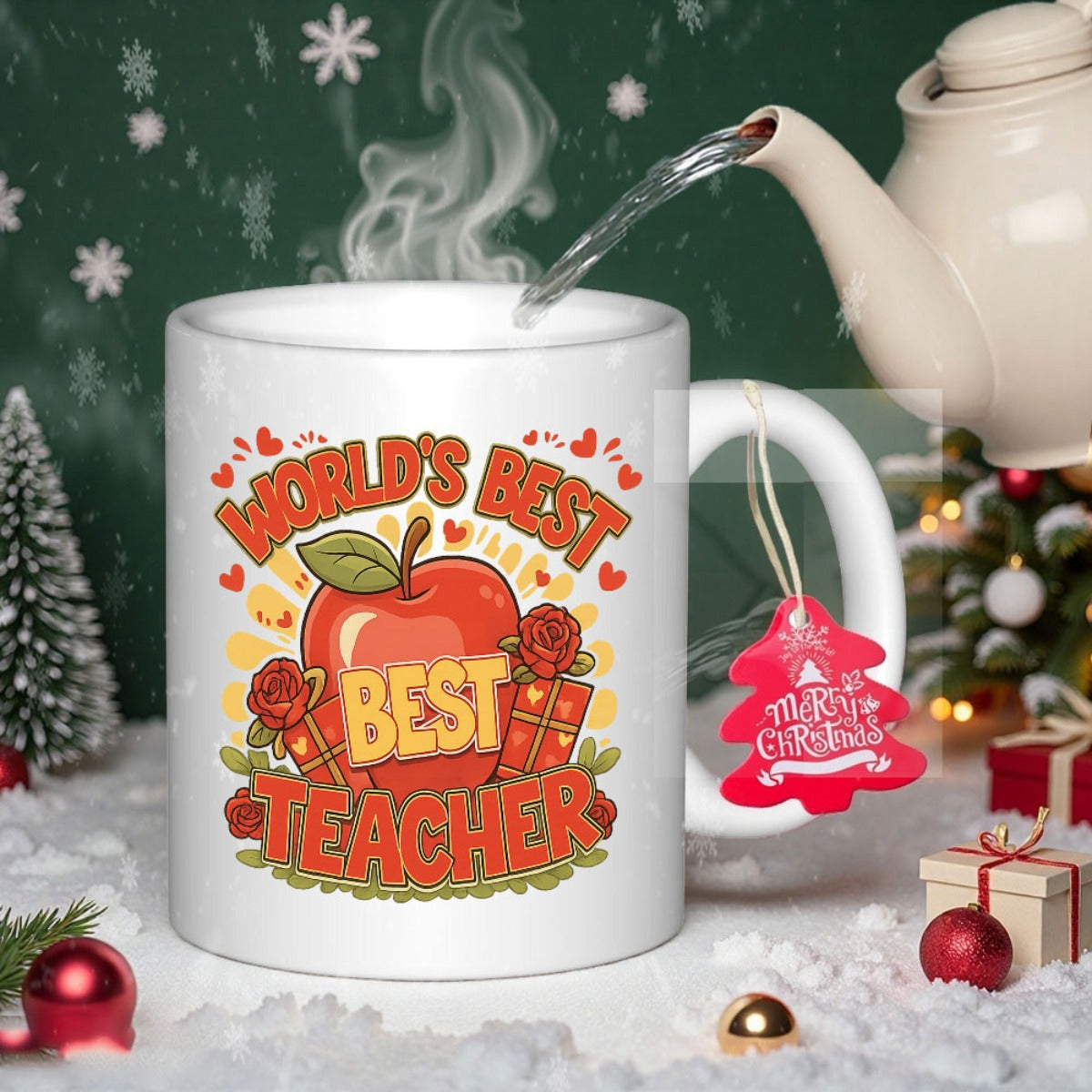 Tailorly White Ceramic 11 oz Mug - Worlds Best Teacher Vibrant Red Fruit With Green Leaf Among Festive Gift Boxes Apple
