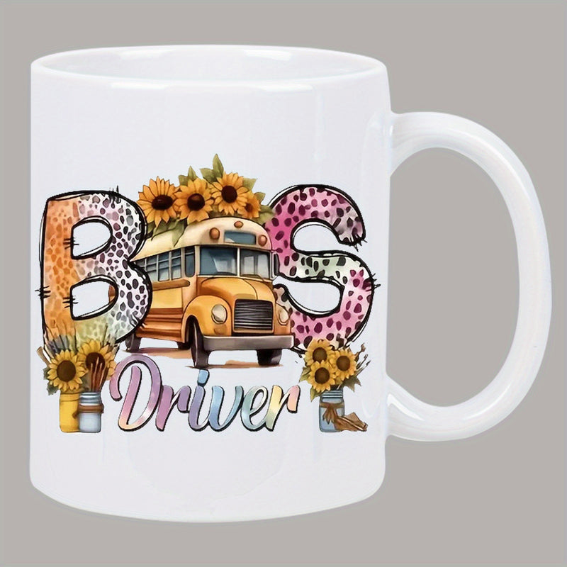 Tailorly White Ceramic 11 oz Mug - Bus Driver Yellow School Bus Featuring Vibrant Sunflowers Among Stylish Animal Print Patterns Bus