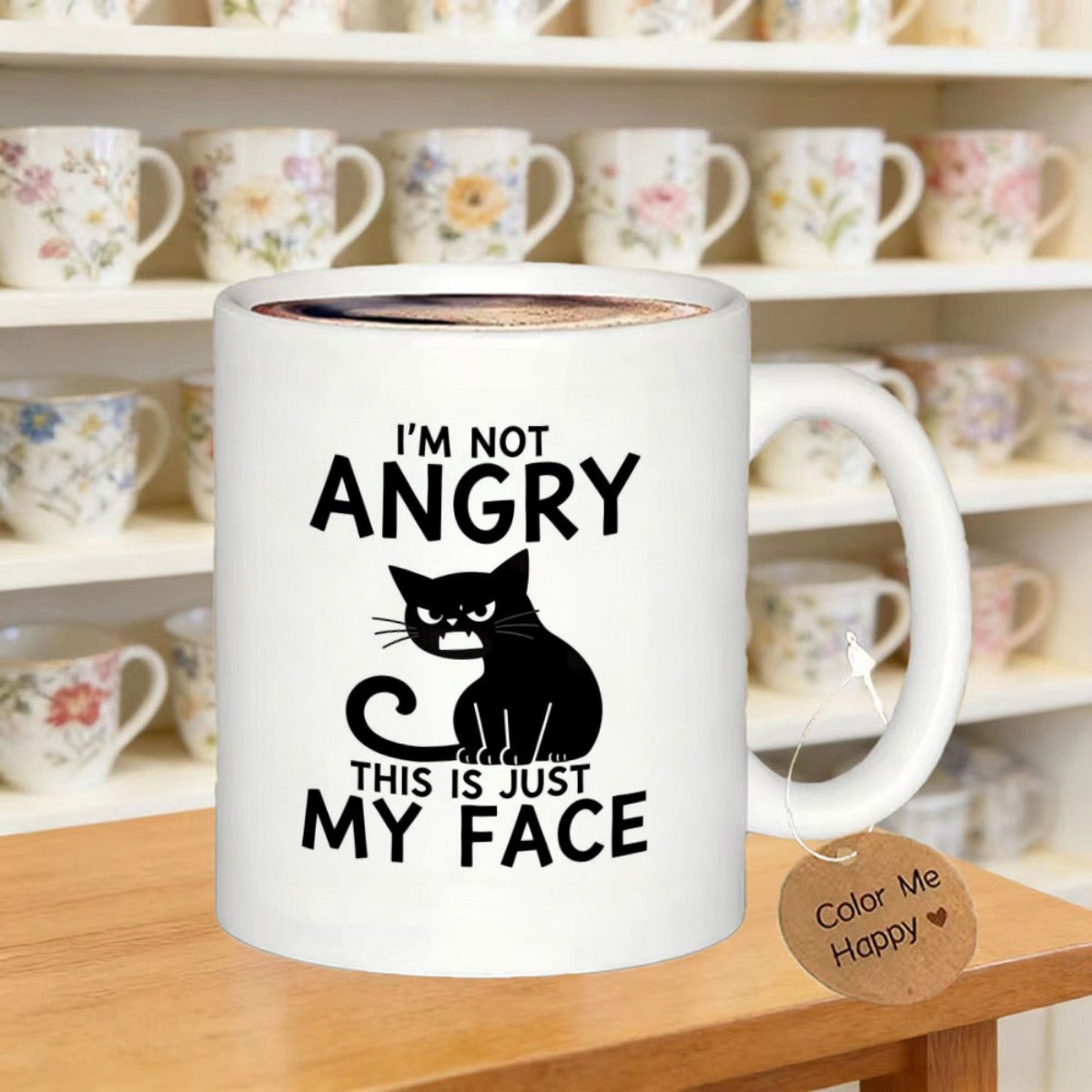 Tailorly White Ceramic 11 oz Mug - Im Not Angry This Is Just My Face Silhouette Of A Grumpy Frowning Cartoon Style Sitting Moody Black Cat