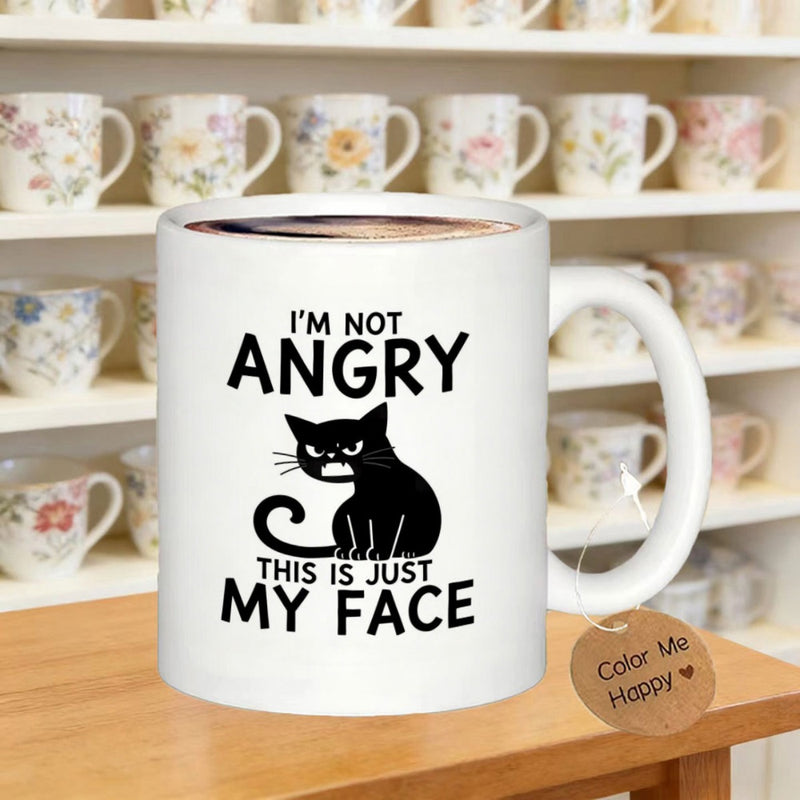 Tailorly White Ceramic 11 oz Mug - Im Not Angry This Is Just My Face Silhouette Of A Grumpy Frowning Cartoon Style Sitting Moody Black Cat
