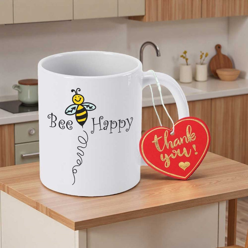 Tailorly White Ceramic 11 oz Mug - Bee Happy Cute Smiling Cartoon Bumblebee Flying Along Swirling Decorative Flight Path Bee