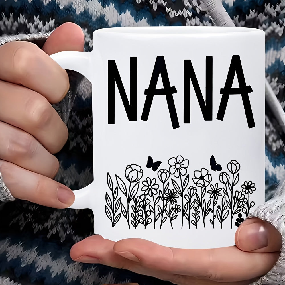Tailorly White Ceramic 11 oz Mug - Nana Elegant Hand Drawn Minimalist Wildflowers And Graceful Flying Butterflies Flower