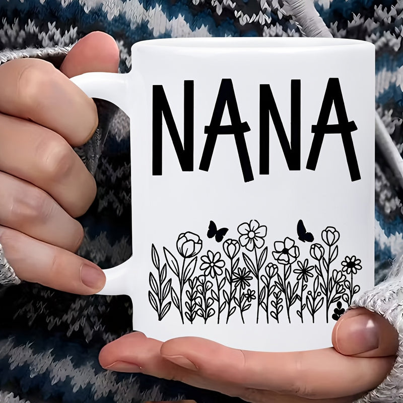 Tailorly White Ceramic 11 oz Mug - Nana Elegant Hand Drawn Minimalist Wildflowers And Graceful Flying Butterflies Flower