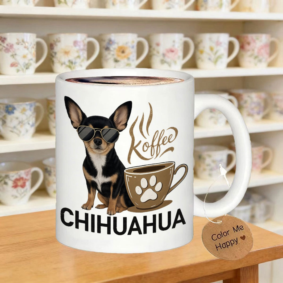 Tailorly White Ceramic 11 oz Mug - CHIHUAHUA Koffee Adorable Small Dog Wearing Sunglasses Beside A Steaming Paw Print Chihuahua