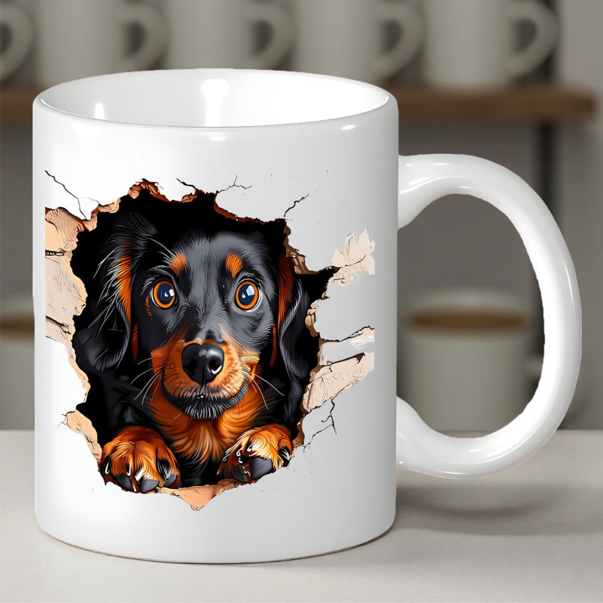 Tailorly White Ceramic 11 oz Mug - Charming Long Haired Black And Tan Dachshund Peeking Through Broken Wall Surface Dachshund