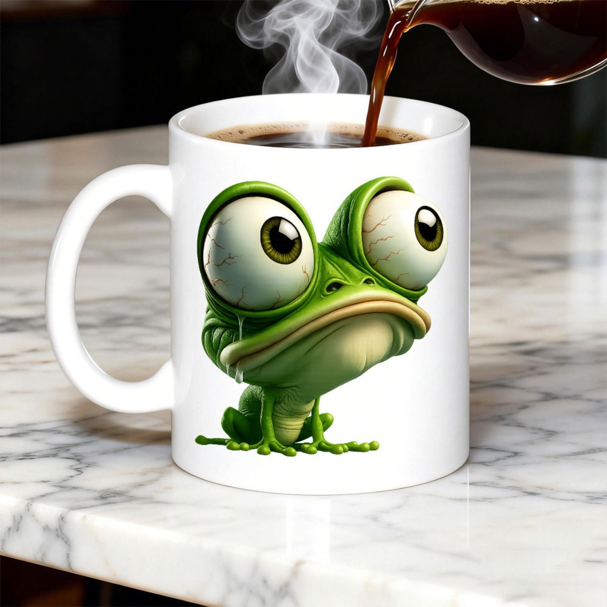 Tailorly White Ceramic 11 oz Mug - Funny Green Cartoon Creature With Large Bulging Eyes Sitting Quietly Frog