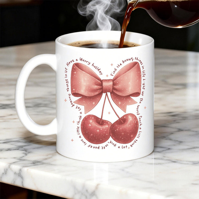 Tailorly White Ceramic 11 oz Mug - Have A Merry Holiday Delicate Pink Sparkle Textures With Elegant Satin Bow Cherry
