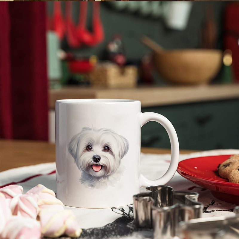 Tailorly White Ceramic 11 oz Mug - Adorable Fluffy White Maltese Dog Face With Dark Expressive Eyes Dog