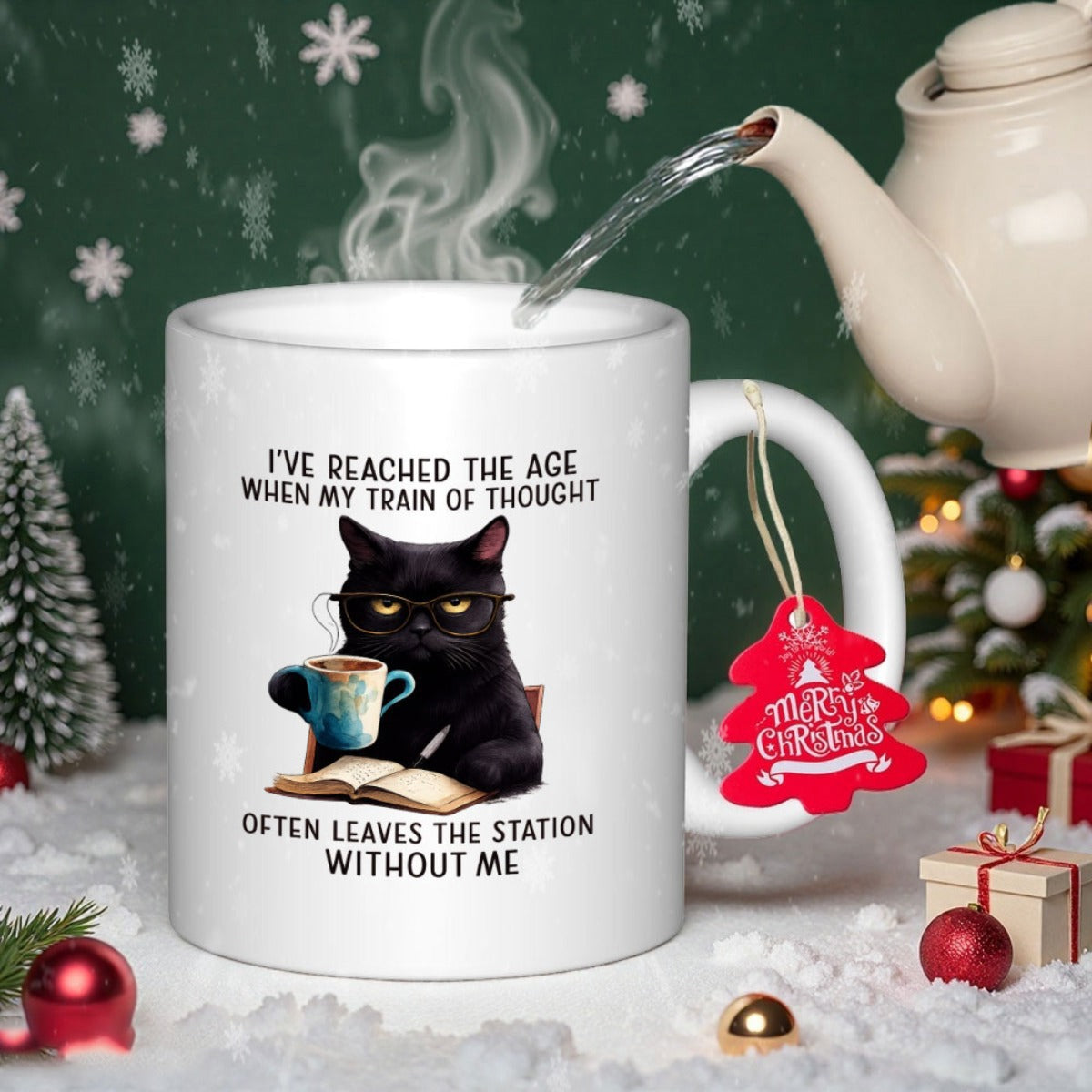 Tailorly White Ceramic 11 oz Mug - Ive Reached The Age When My Train Of Thought Often Leaves The Station Without Me Studious Black Cat Wearing Glasses Reading Book