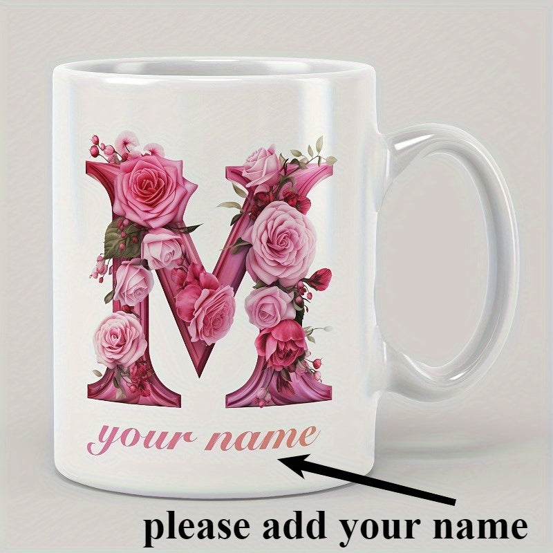 Tailorly White Ceramic 11 oz Mug - Your Name Elegant Pink Roses Intertwined Within A Large Decorative Letter M Flower