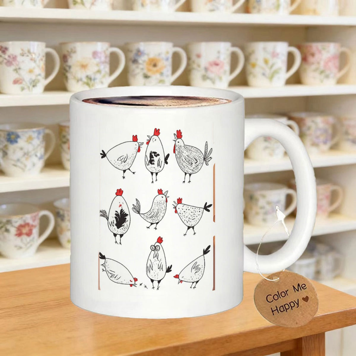Tailorly White Ceramic 11 oz Mug - Color Me Happy Whimsical Hand Drawn Sketch Of Various Playful Roosters Standing In Rows Chicken