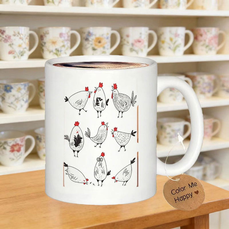 Tailorly White Ceramic 11 oz Mug - Color Me Happy Whimsical Hand Drawn Sketch Of Various Playful Roosters Standing In Rows Chicken