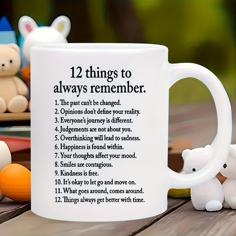 Tailorly White Ceramic 11 oz Mug - 12 Things To Always Remember Minimalist White Ceramic Coffee Cup Sitting On Rustic Wooden Surface Mug