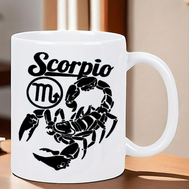 Tailorly White Ceramic 11 oz Mug - Scorpio Detailed Black Zodiac Sign Silhouette With Artistic Curved Tail Scorpion