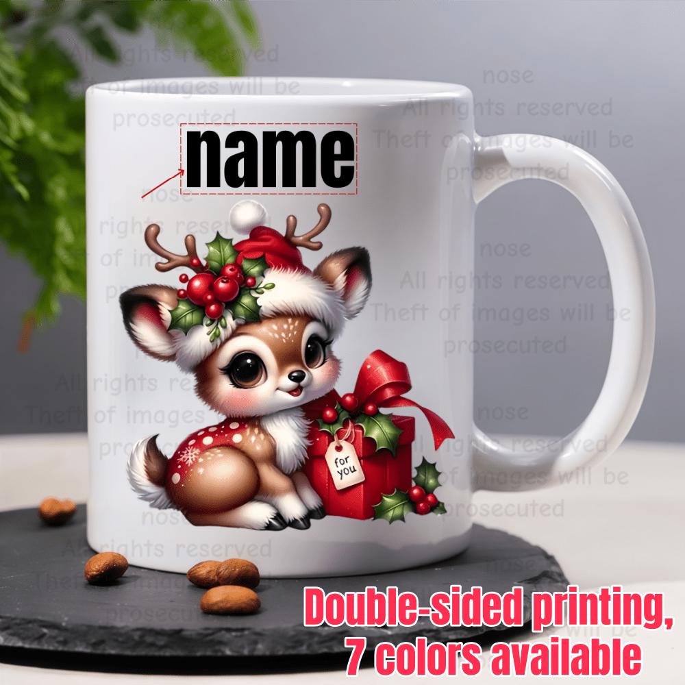 Tailorly White Ceramic 11 oz Mug - Name Adorable Little Fawn Wearing Red Christmas Santa Hat Beside Festive Gift Deer