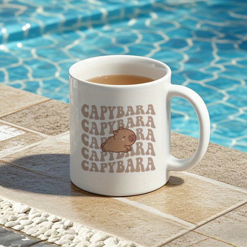 Tailorly White Ceramic 11 oz Mug - Capybara Retro Style Wavy Repeating Text Featuring A Cute Brown Cartoon Capybara