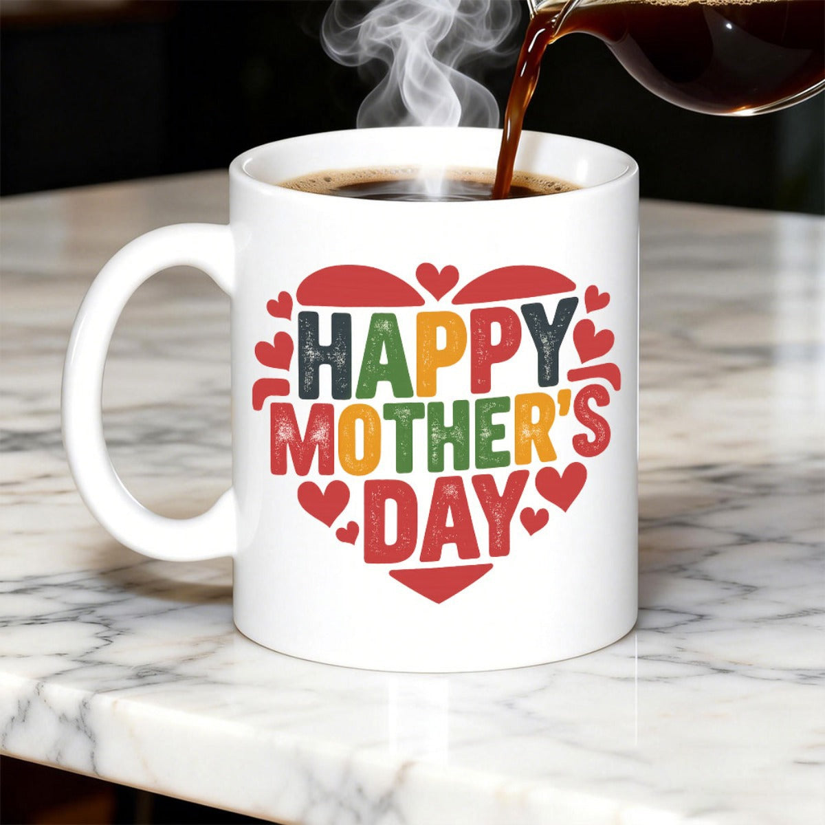 Tailorly White Ceramic 11 oz Mug - Happy Mother's Day Distressed Heart Pattern Composed Of Multiple Small Red Hearts Heart