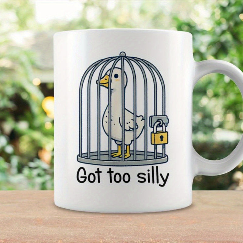 Tailorly White Ceramic 11 oz Mug - Got Too Silly Simple Cartoon Bird Trapped Inside A Locked Metal Birdcage Illustration Duck